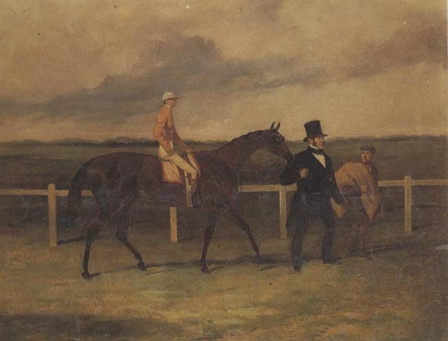 Harry Hall Mr J B Morris Leading his Racehorse 'Hungerford' with Jockey up and a Groom On a Racetrack oil painting image